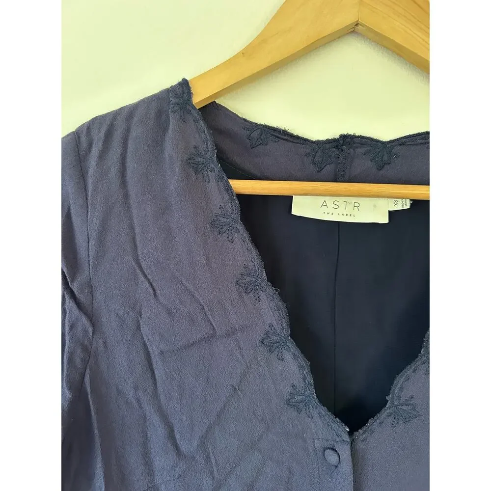ASTR The Label womens romper size XS navy lace 3/4 sleeve v neck button front